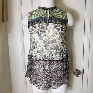 MARC CAIN green black animal print sleeveless semi sheer tiered blouse size 4